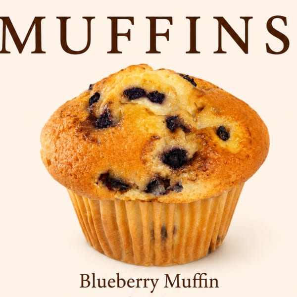 A golden-brown blueberry muffin with a fluted paper liner, against a light background.