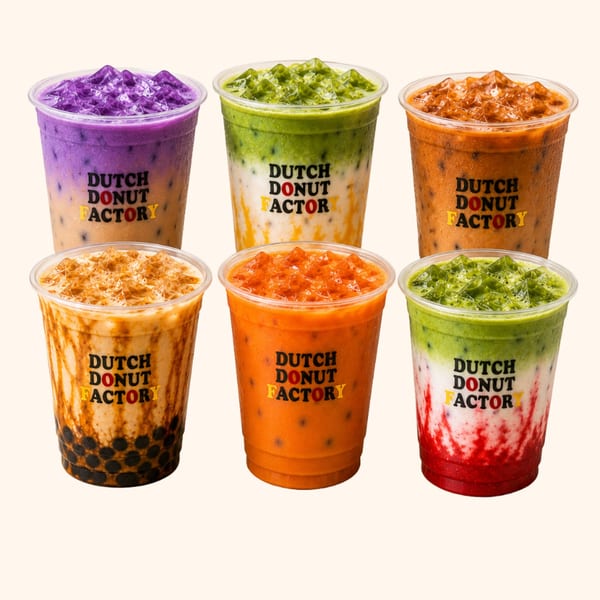 Six colorful Dutch Donut Factory drinks, including purple, green, orange, brown, and red layered beverages.